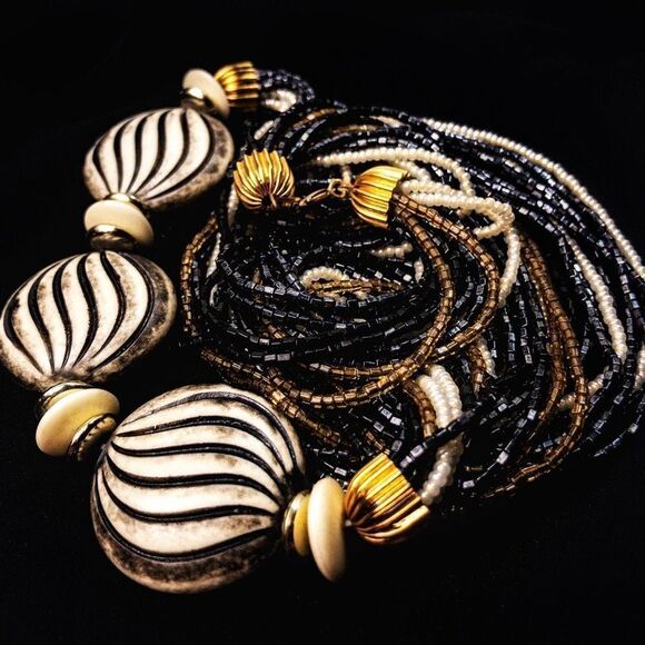 Vintage Multi-Strand Black/Ivory Beaded Opera Necklace - Picture 5 of 7